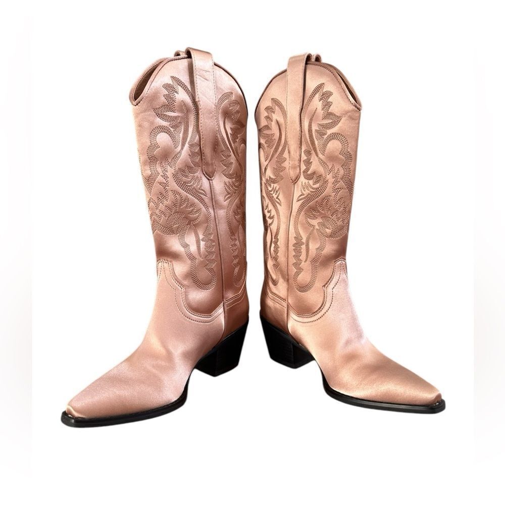 Free People Jeffrey Campbell Dagget Rose Gold Satin Cowboy Boots | Size 6.5 - Picture 5 of 11